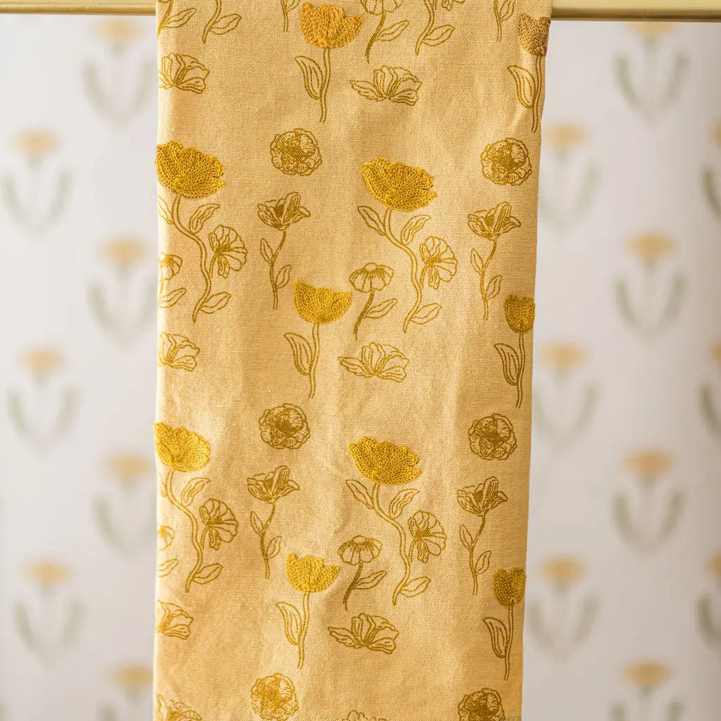 Yellow Poppy Embroidered Tea Towel