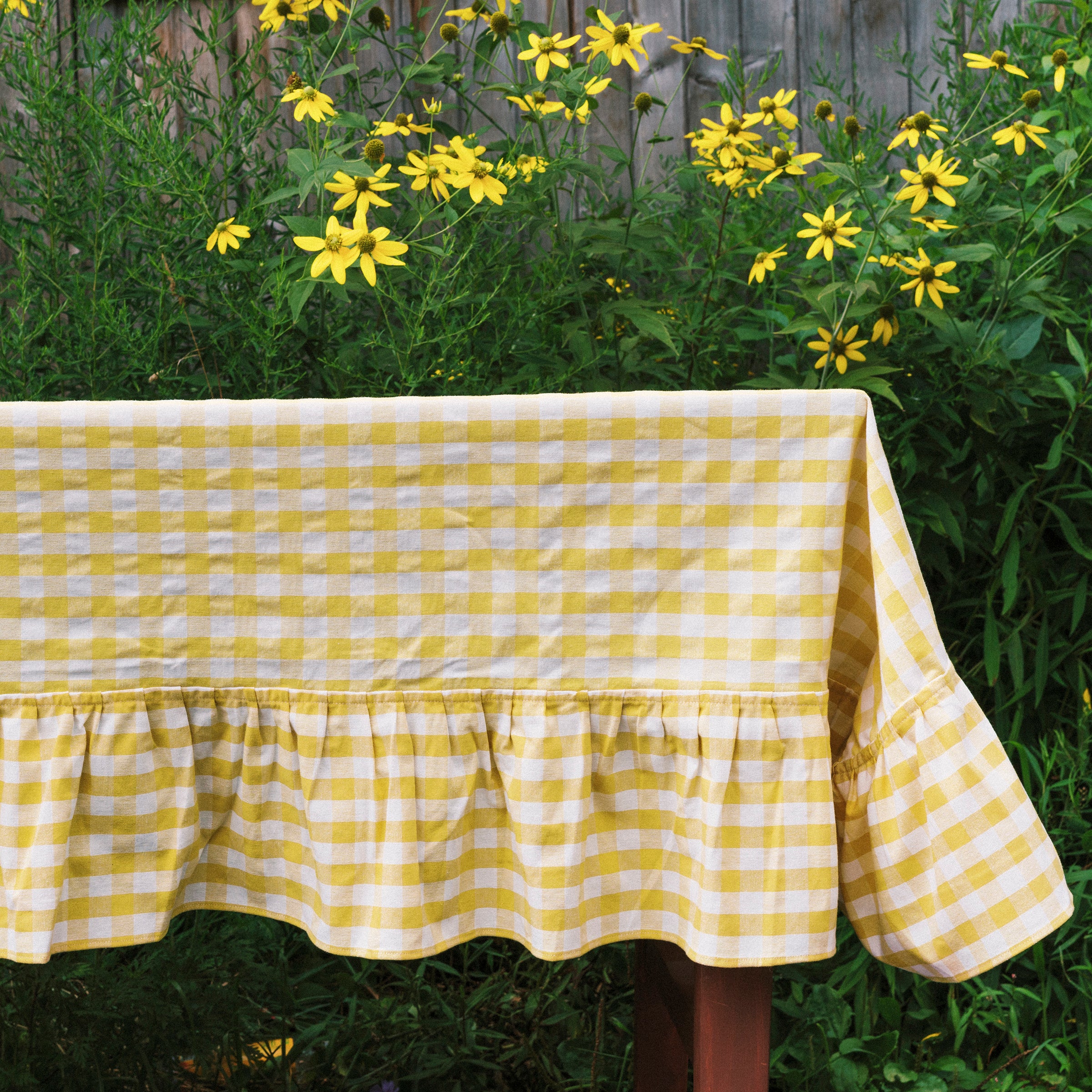 Yellow Ruffled Gingham Tablecloth - Hops Petunia Floral