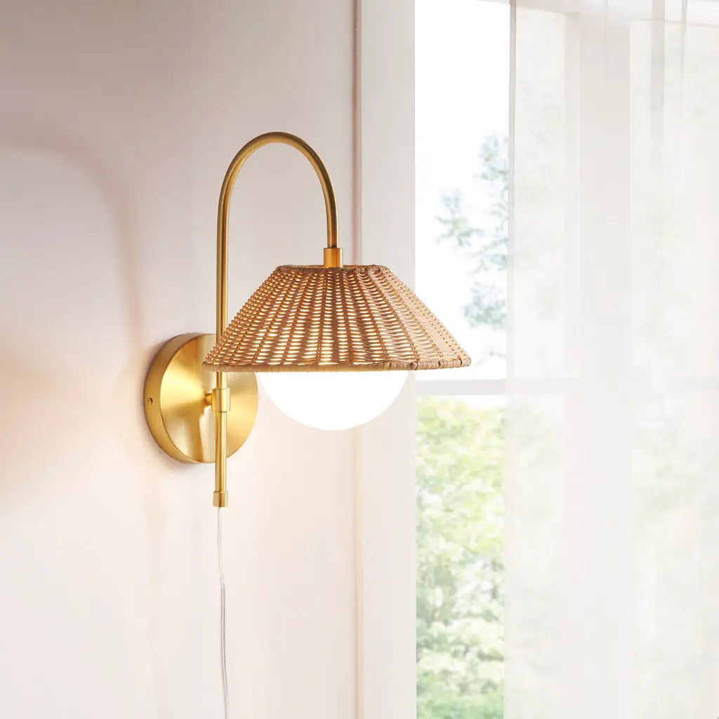 Rattan Weave Gold Plug-In Wall Sconce Light